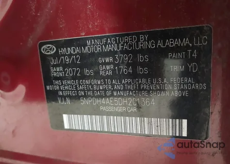 2013 Hyundai Elantra Limited из США, поврежденный, VIN 5NPDH4AE5DH201364